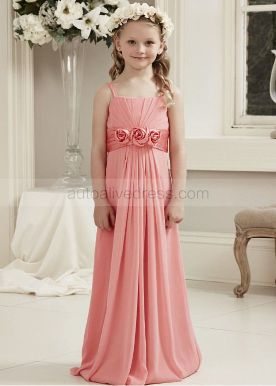 Spaghetti Straps Coral Chiffon Long Chic Junior Bridesmaid Dress